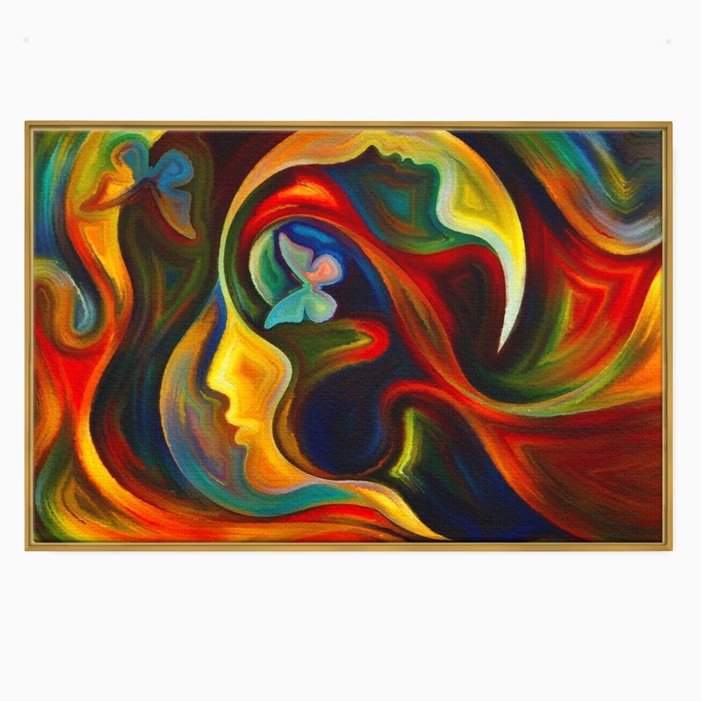 Tablou canvas cu pictura abstracta cu profil uman si fluturi, in rama de aluminiu auriu